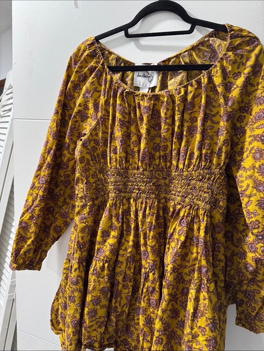 Sam Edelman Mustard Yellow Floral Smocked Waist Peplum Tunic Top Large
